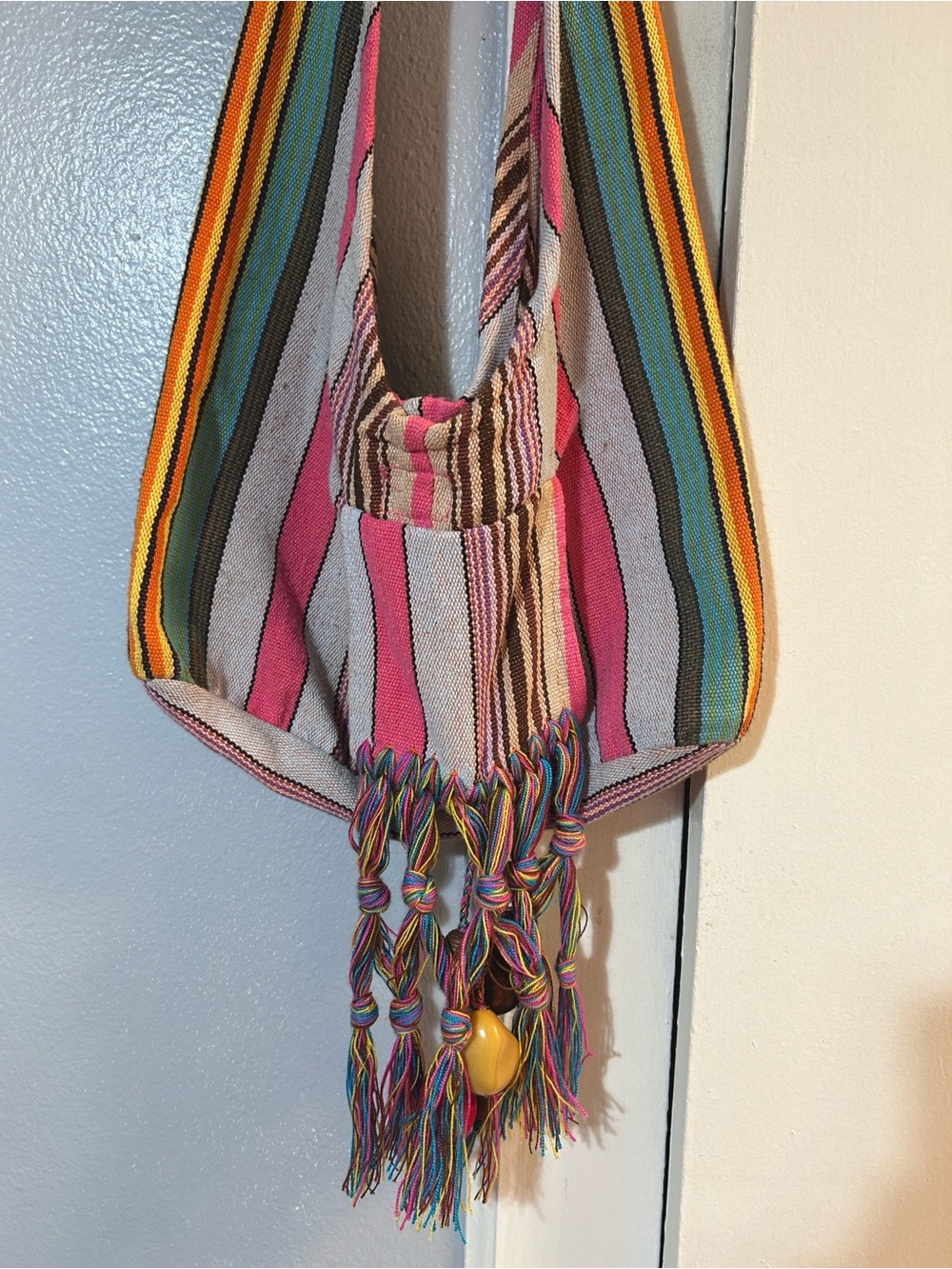 Boho Striped Retro Chic Cotton Beaded Tassel Sling Bag in Pink, Green & Yellow